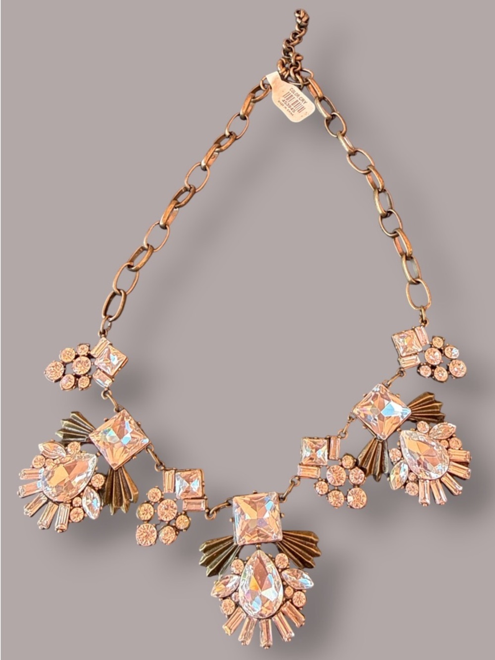 🔥Statement Rhinestone Bib Necklace Bronze Tone Crystal Glam 18” Adjustable